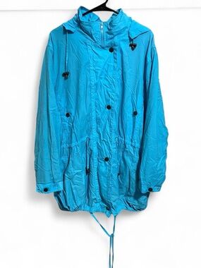 Woman Within vibrant blue rain jacket with detachable hood